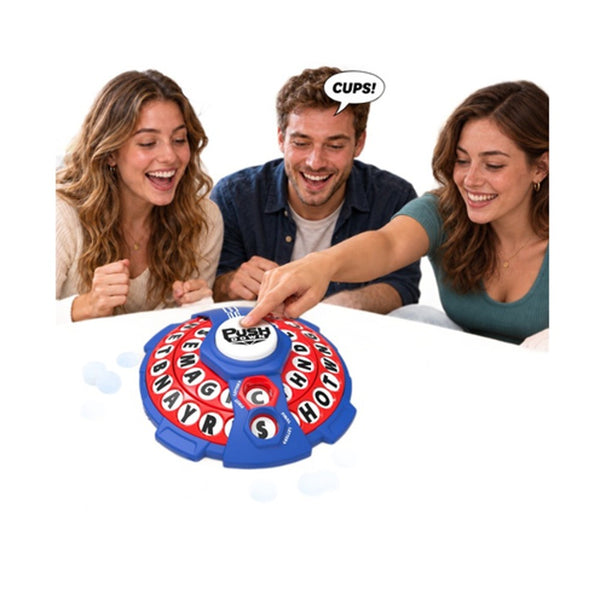 Three friends laughing while spinning the red and blue letter wheel party game