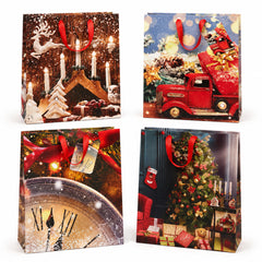 Christmas Gift Bags 12 Pack – Small 18 x 23cm Present Bags with Ribbon Handles, 4 Designs