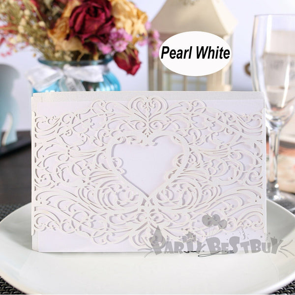 10pcs Laser Cut Wedding Invitations Pearl Card Pocket Envelope Invites 25 Style