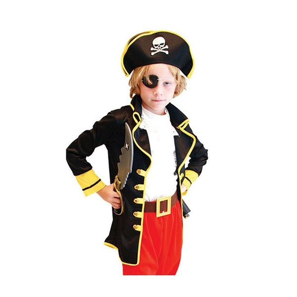 Boy in pirate captain costume with eye patch holding a toy sword