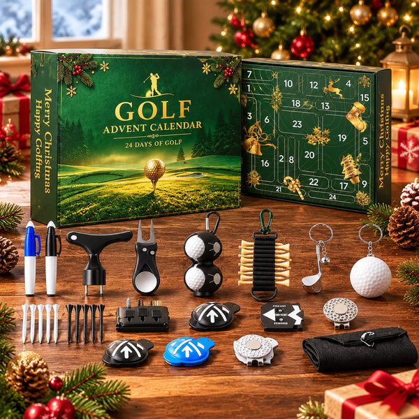 Golf advent calendar box open with 24 numbered doors and golf accessories on a wooden table