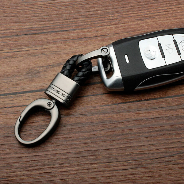 Hand-Woven Keychain Leather Car Keyring Black Gift Ring Keyfob Key Chain Metal
