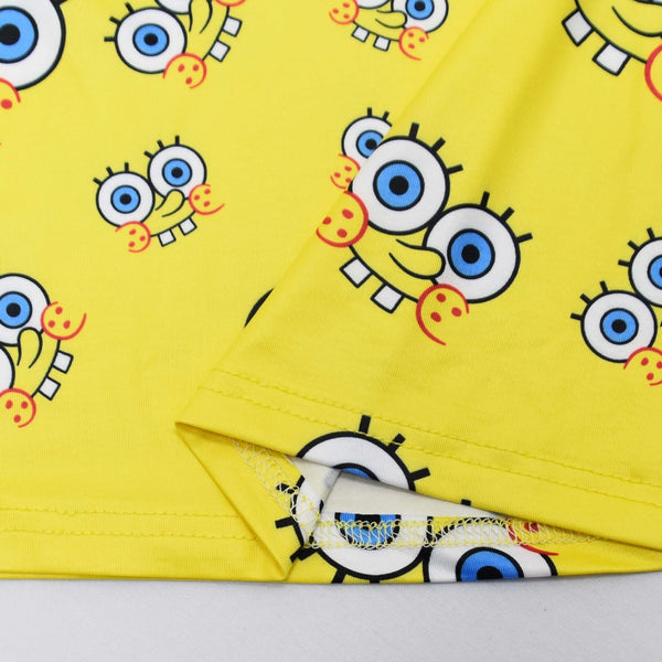 Yellow SpongeBob print fabric detail on the girls costume dress