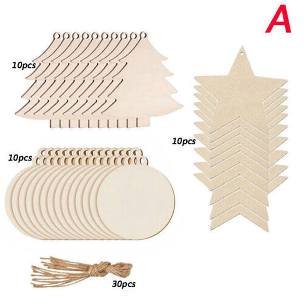 Mixed set A: 10 tree, 10 round and 10 star wooden ornaments with twine, 30 pieces