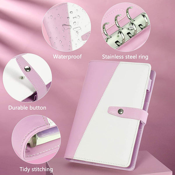 PU Leather Notebook Binder Pink A6 Budget Planner Organizer Cover Pockets Sheets