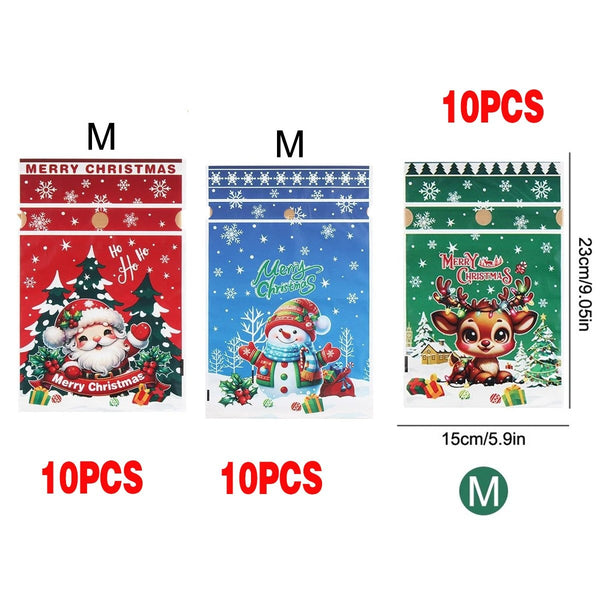 Medium 15 x 23 cm Christmas gift bags: 10 Santa, 10 snowman and 10 reindeer
