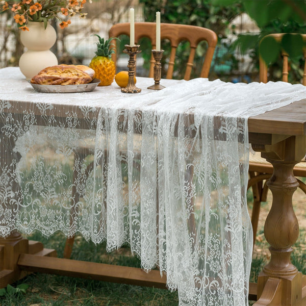 2PCS White Embroidered Lace Tablecloth Rectangle Vintage Floral Table Cover 150x305CM