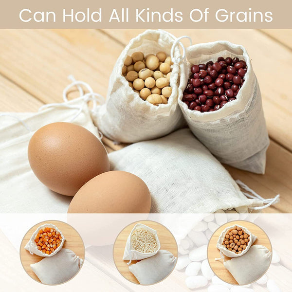 Cotton drawstring bags holding beans and eggs