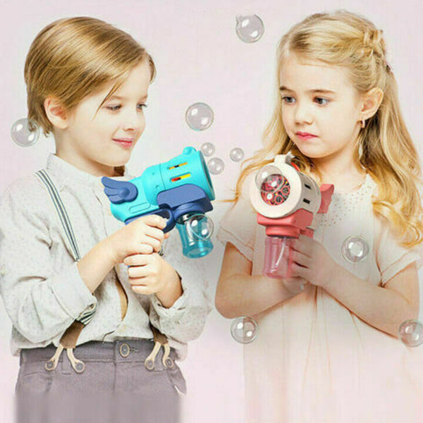Boy and girl playing with blue and red bubble guns