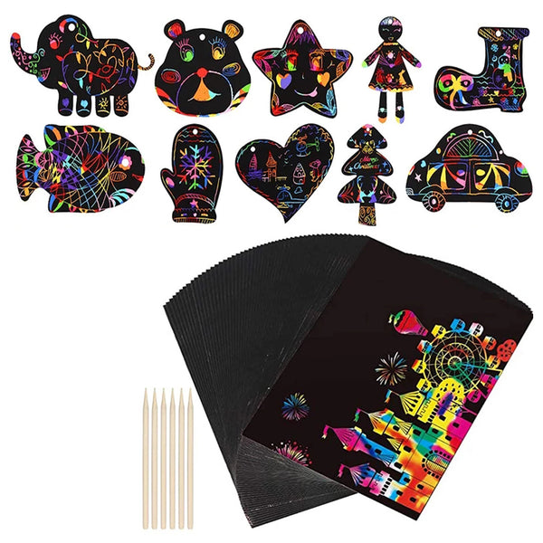 Magic Scratch Paper Art Set Rainbow Drawing Sheets with Wooden Pens