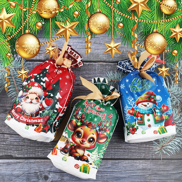 Santa, reindeer and snowman gift bags under gold baubles and pine