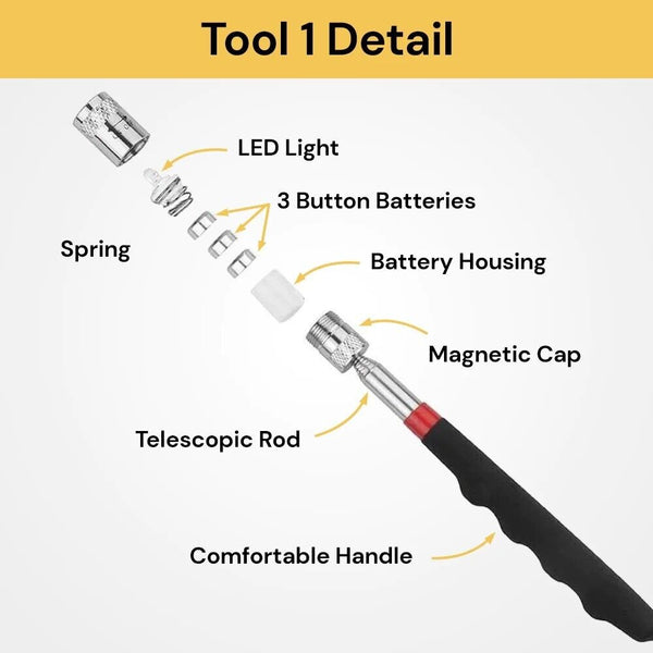 5 Pcs Portable Magnetic Pick Up Tool Extendable Telescopic LED Torch Magnet Rod