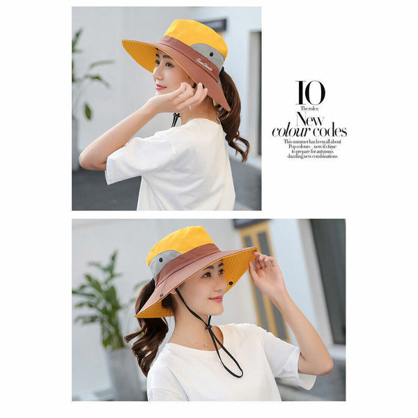 Wide Brim Sun Hat Women UV Protection Ponytail Summer Beach Visor Floppy Cap AU