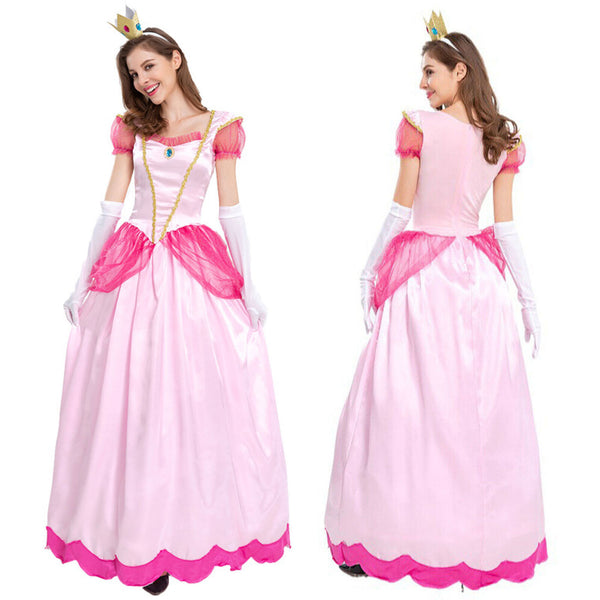 Front and back view of the pink princess dress with puff sleeves and back zip