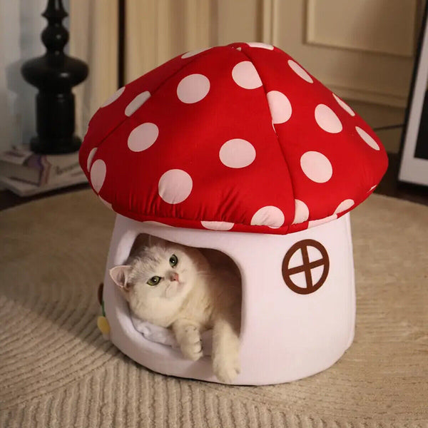 Winter Mushroom Cat House Cozy Sleeping Pet Bed for Cats Indoor Warm Pet House