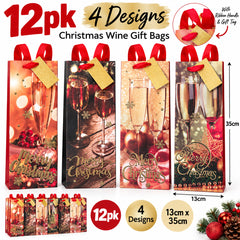 Wine Gift Bags 12 Pack – Christmas Wine Bottle Bags with Ribbon Handles & Gift Tags, 13 x 35cm