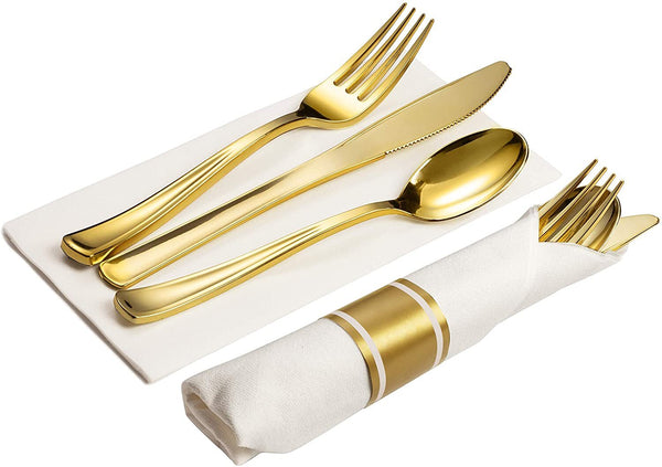 Gold plastic cutlery wrapped in a napkin