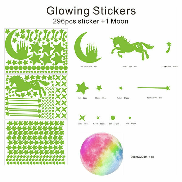 Glow In The Dark Rainbow Moon Stars Unicorn Wall Sticker Kids Room Fun Decor