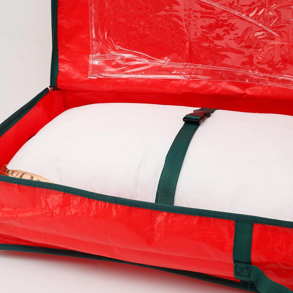 Clear lid pocket and inner strap of the red wrapping paper organiser
