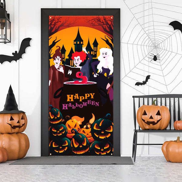 Halloween door decoration hung in a hallway between rooms