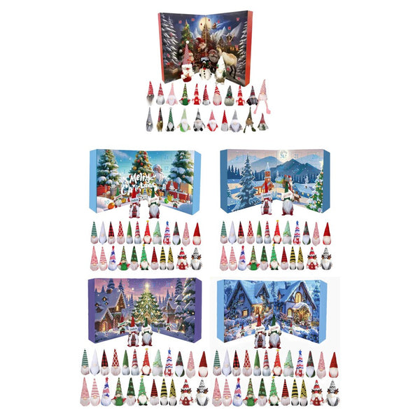 All five gnome advent calendar box designs with their 24 gnome sets