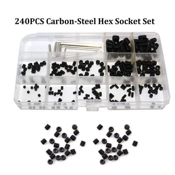 240x M3/M4/M5/M6/M8 Carbon-Steel Hex Socket Set Grub240 Piece Hex Socket Grub Screw Assortment Kit with 5 Hex Keys – Carbon Steel Set Screws M3 M4 M5 M6 M8 Screws Kit+5Pcs Hex Keys