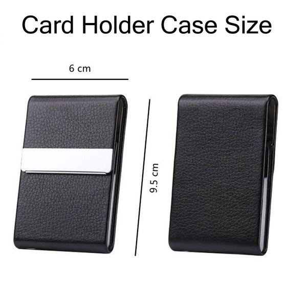 Business Card Holder Case Cover Black Leather Silver Metal Credit Card Magnetic