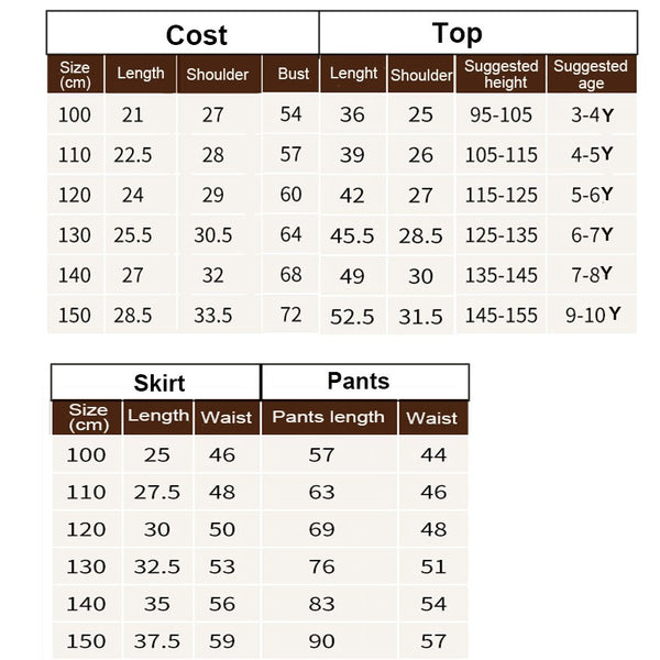 Descendants Chloe kids costume size chart by height and age