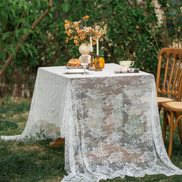 2PCS White Embroidered Lace Tablecloth Rectangle Vintage Floral Table Cover 150x305CM