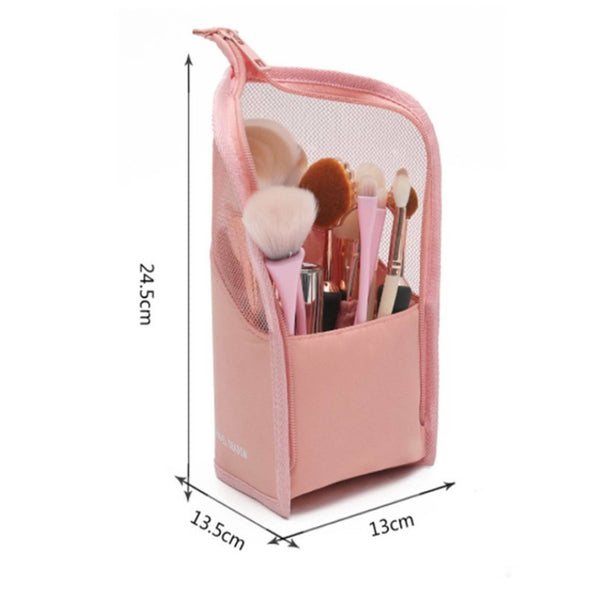 Stand Cosmetic Bag Travel Zipper Makeup Brush Mesh Visible Organizer Pouch