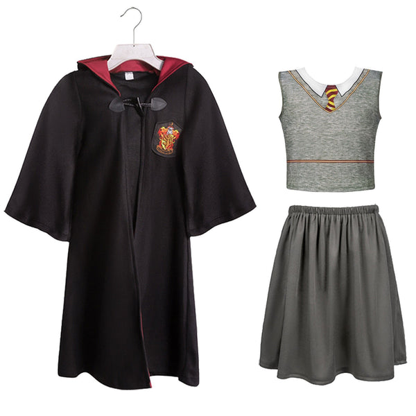 Skirt set: black hooded robe, grey vest-print top and grey skirt