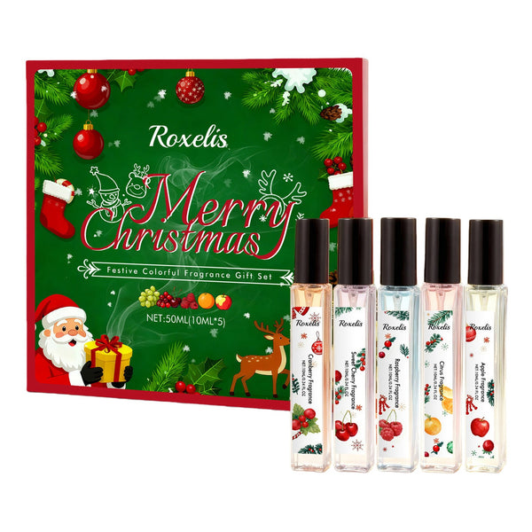 Mini perfume set in a green and red Merry Christmas box with five 10ml bottles