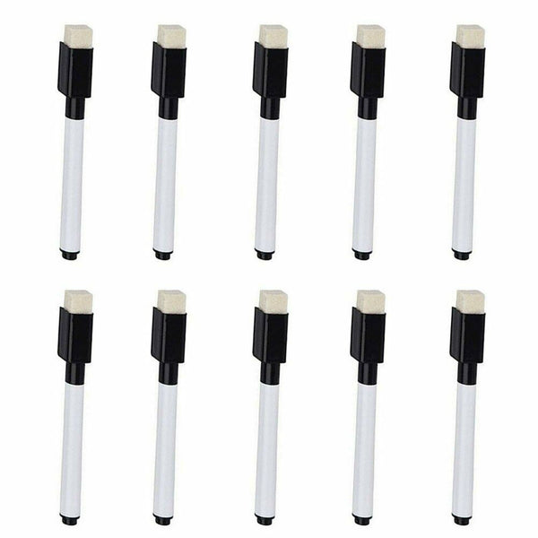 10PCS Whiteboard Marker Pens Black Dry Wipe Magnetic Erase Pen Eraser Lid Cap AU