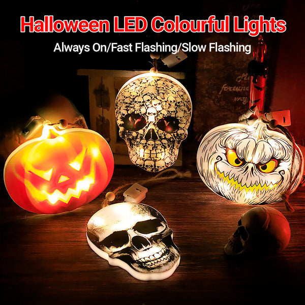 Halloween hanging lights, LED skull and pumpkin decorations