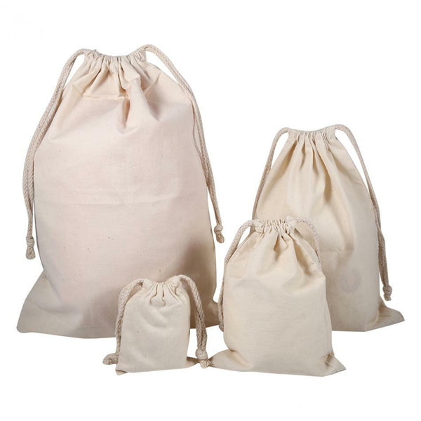 Three calico drawstring bags in different sizes on a white background