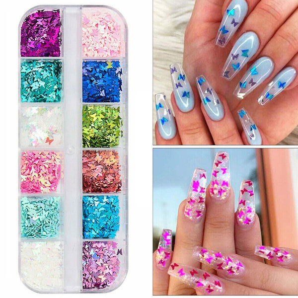 12 Grids Butterfly Shape Nail Flakes 3D Holo Laser Glitter Sequin Nail Decor New