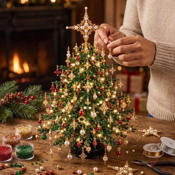 Hands placing the star topper on a DIY beaded Christmas tree