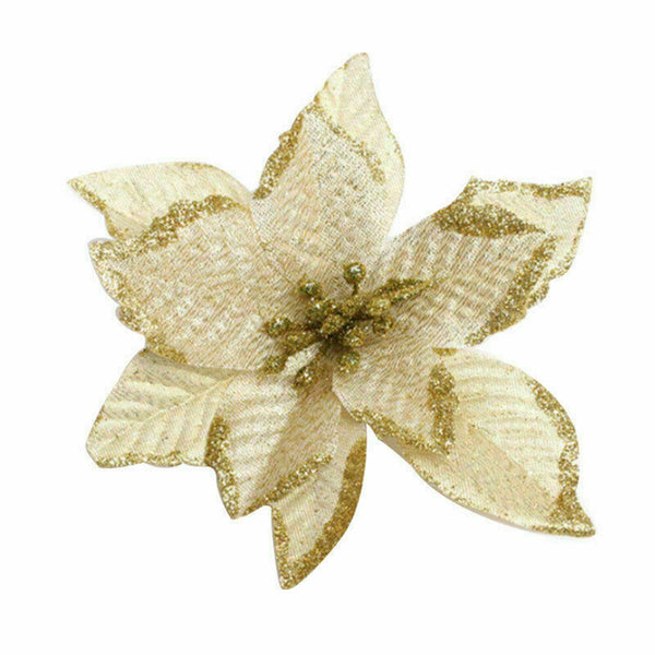Christmas poinsettia flowers gold glitter 13 cm Christmas tree decoration