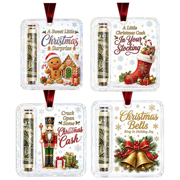 4 pack: gingerbread, stocking, nutcracker and bells cash gift ornaments