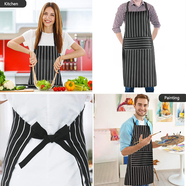 2pcs Black Striped Kitchen Aprons with Pockets | Washable Chef BBQ Cooking Aprons