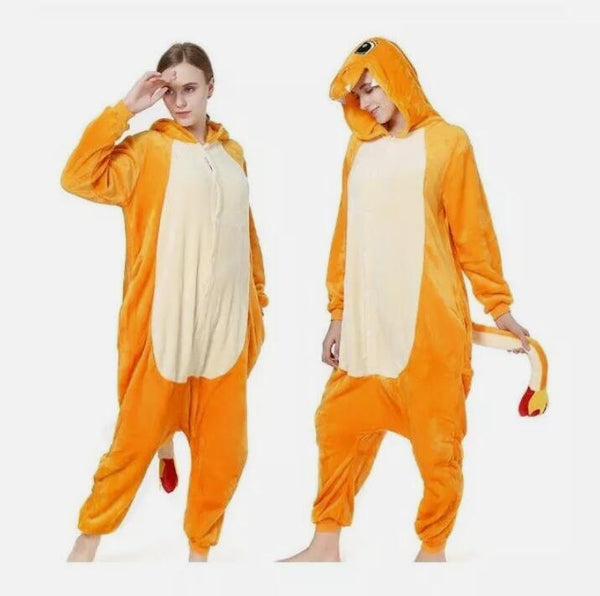 Orange Lizard kigurumi onesie, front and back view