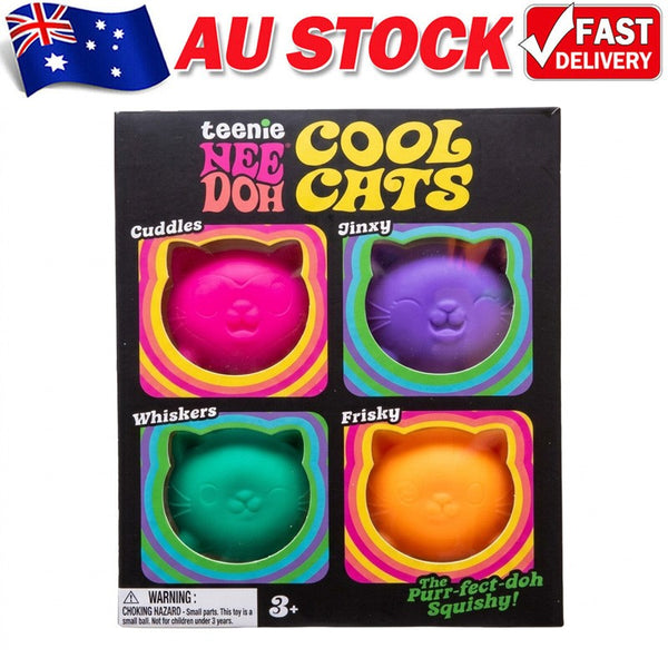 Squishy cat toys 4 pack in pink, purple, green and orange in their box