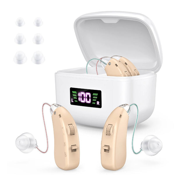 Skin tone rechargeable hearing aids in portable charging case - Lets Party