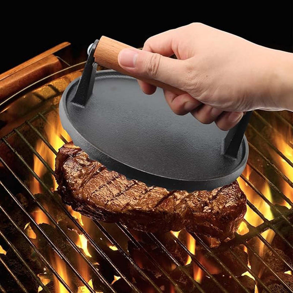 Cast Iron Burger Press with Wooden Handle | BBQ Grill Meat Smasher Patty Maker