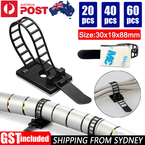 20X Adjustable Cable Clips Straps Adhesive Cord Management Wire Organizer Black