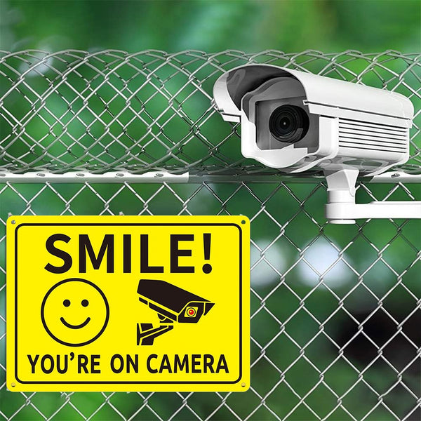 4pcs “Smile You’re on Camera” Metal Sign | Security Warning CCTV Wall Signs
