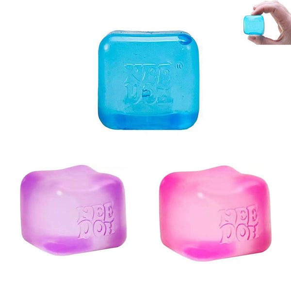 Squishy cubes in blue, purple and pink with a hand for scale