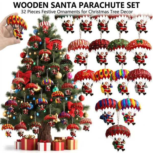 Wooden Santa parachute set of 32 festive ornaments for Christmas tree decor