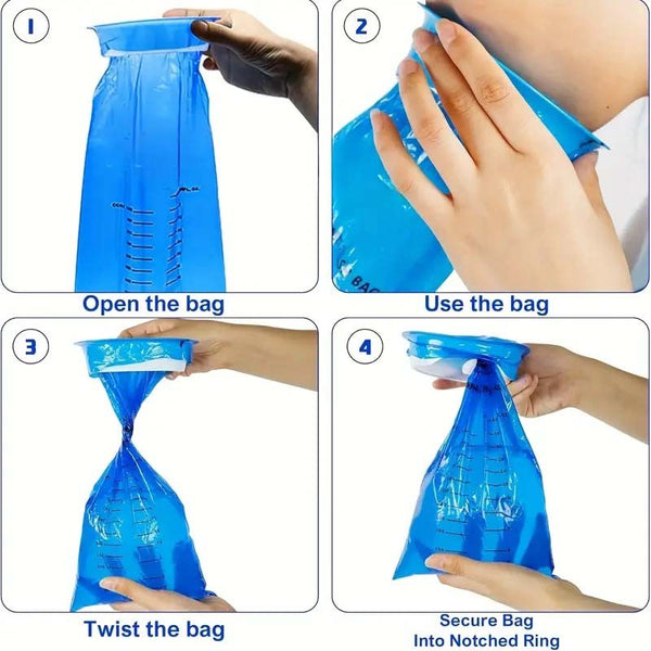 Four steps to open, use, twist and seal a sick bag