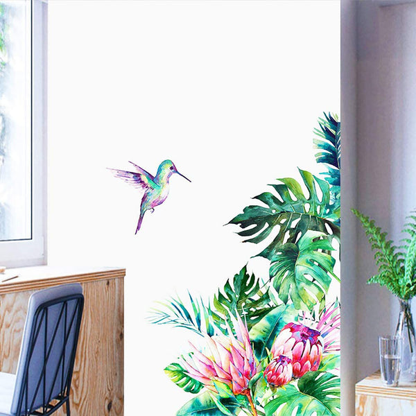 Wall Stickers Protea Flowers Tropical Leaves Hummingbird Corner Decal Removable